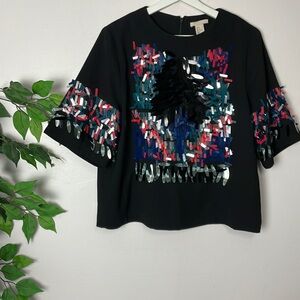 🎉 H&M confetti sequins casual dressy statement drama party blouse top US 4 🎉